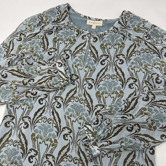 Tory Burch 100% Silk Wallpaper Floral Keyhole Frill Blouse Top Blue Size 4 - Picture 1 of 13